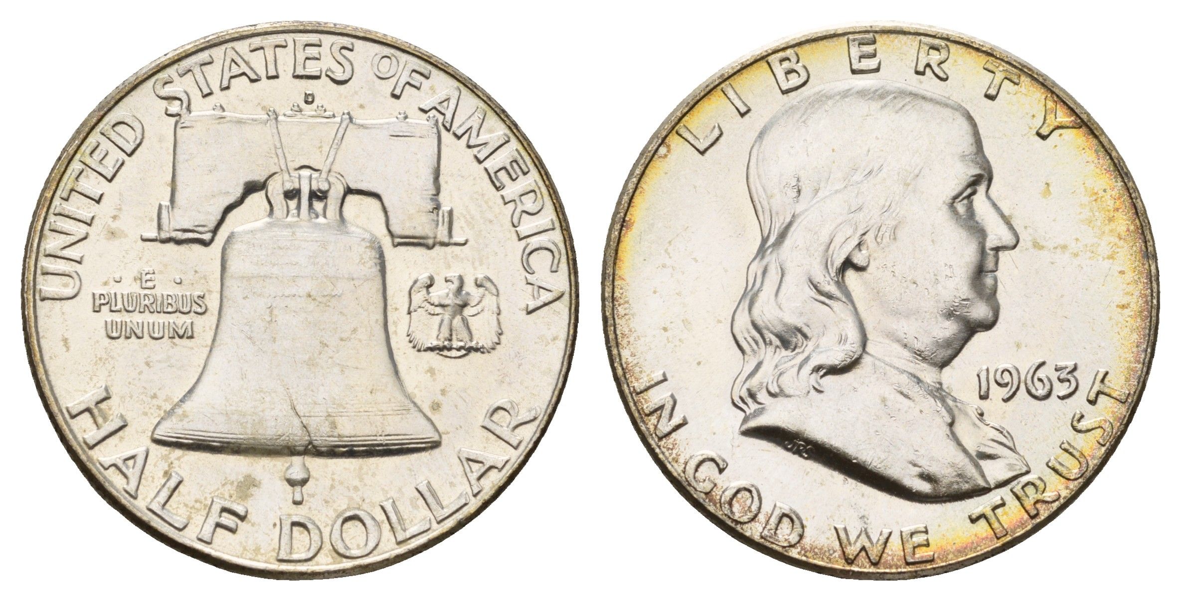 США 1/2 доллара (50 центов) 1963 D, Бенджамин Франклин, колокол KM 199 серебро aUNC 1527-533