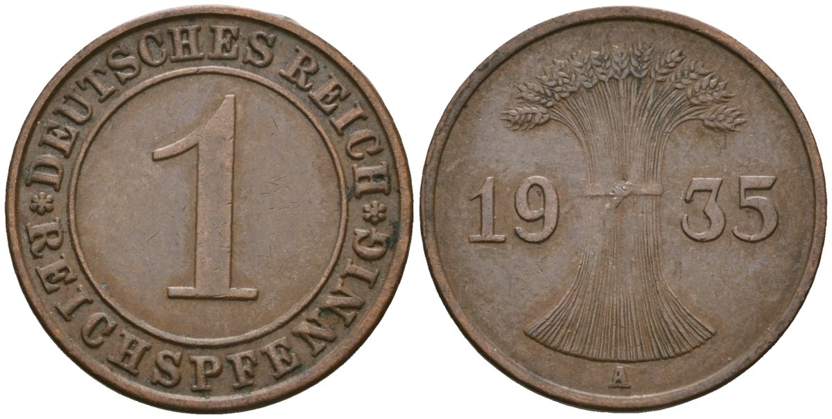 Германия 1 рейхспфенниг 1935 A KM 37, J. 313 бронза 4528-419