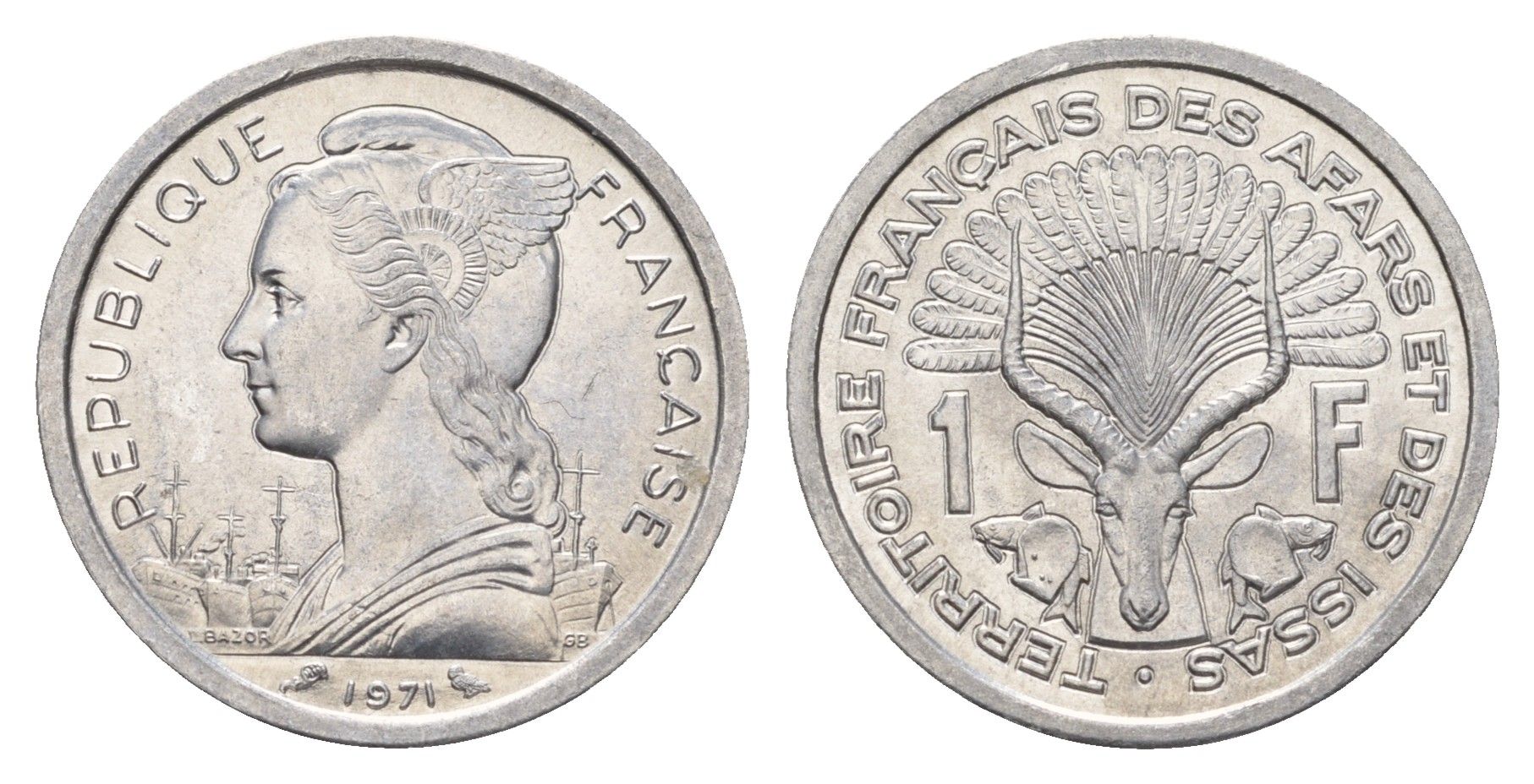 Французские афар и исса 1 франк 1971 KM 16 алюминий UNC 4127-1925