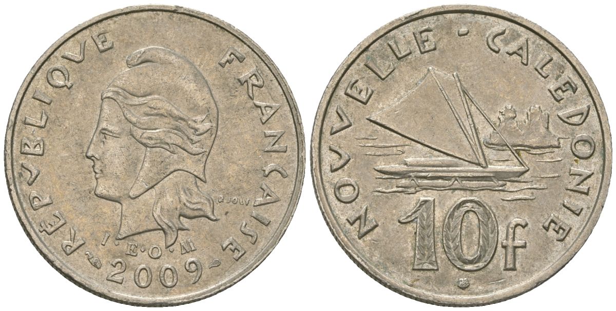 Французская Новая Каледония 10 франков 2009 рыбачья парусная лодка, (IEOM) KM 11a, Schoen 13a, Lec 99k медно-никель 60-1222
