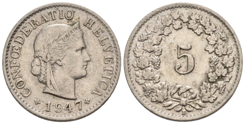 Швейцария 5 раппенов 1947 В KM 26 медно-никель 4576-927