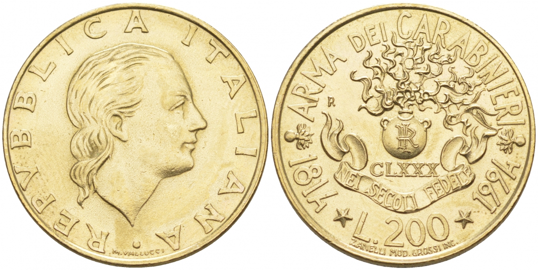 Италия 200 лир 1994 R, 180 лет карабинерам KM 164 алюминиевая бронза UNC 186-227