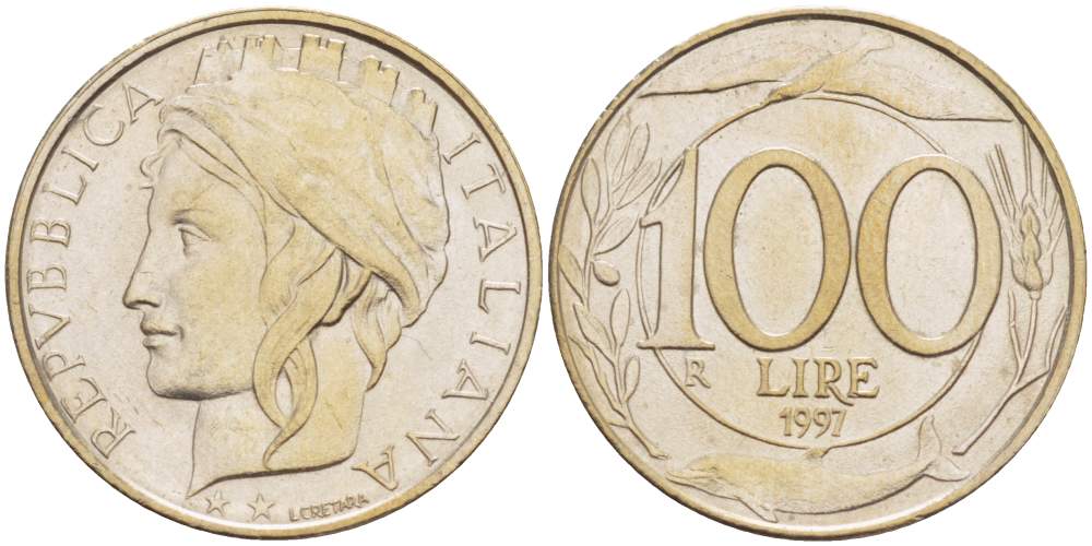 ИТАЛИЯ 100 ЛИР 1997 R KM 159 медно-никель 4529-145