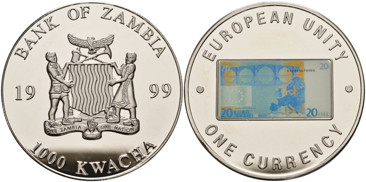 Замбия 1000 квача 1999 серия европейский союз - одна валюта, 20 евро реверс, серебрение KM 125 медь никель цинк 1098-3-42
