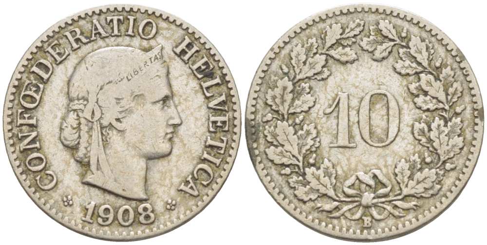 ШВЕЙЦАРИЯ 10 РАППЕНОВ 1908 В KM 27 медно-никель 4513-221