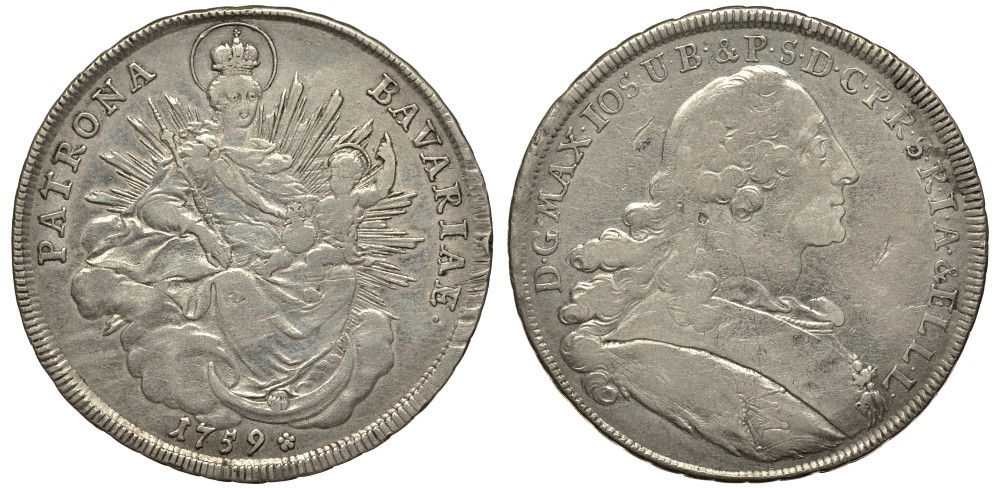 Бавария 1 талер 1759 А, Максимилиан III Иосиф (1745-1777), МОНДВОР MUNICH, KM 223.2, Dav. 1952 серебро 00-1067-1-21