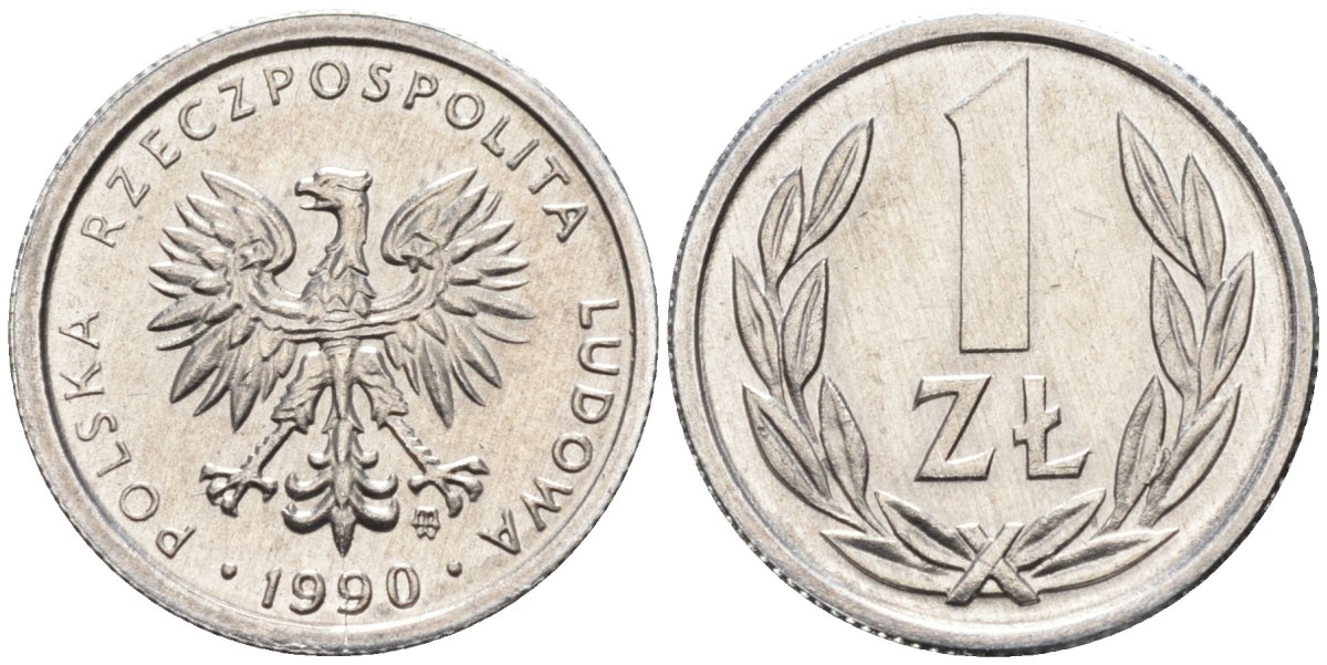 Польша 1 злотый 1990 MW, Народная Республика KM 49.3, Parchimowicz 215b алюминий UNC 4580-727