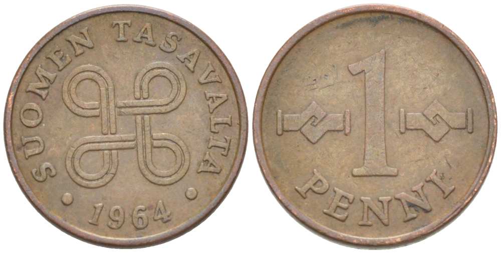 Финляндия 1 пенни 1964 KM 44 медь 218-1261