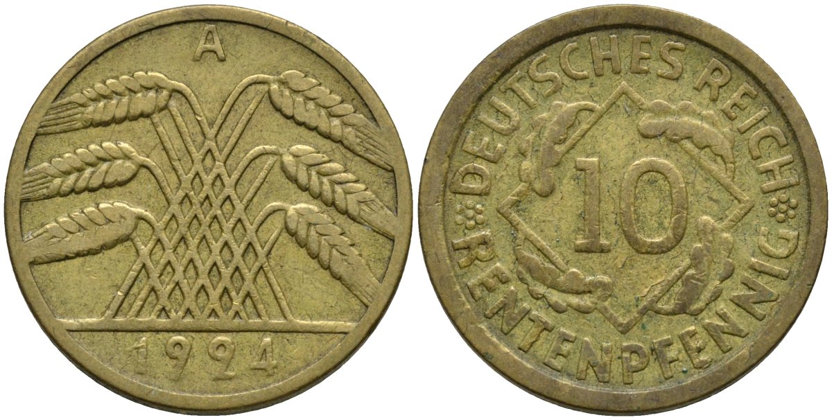 Германия 10 рентенпфеннигов 1924 A KM 33 алюминиевая бронза 4163-743