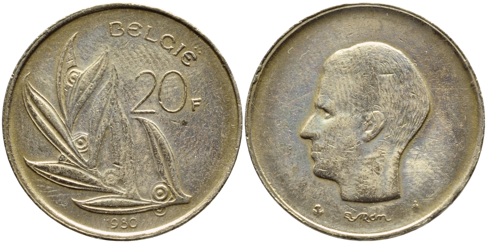 БЕЛЬГИЯ 20 ФРАНКОВ 1980 BELGIE, БОДУЭН I (1951-1993) KM 160 никель бронза 91-146