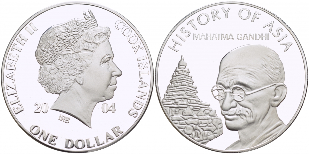 Острова Кука 1 доллар 2004 история Азии, Махатма Ганди KM 1156 медно-никель PROOF 01-233-12