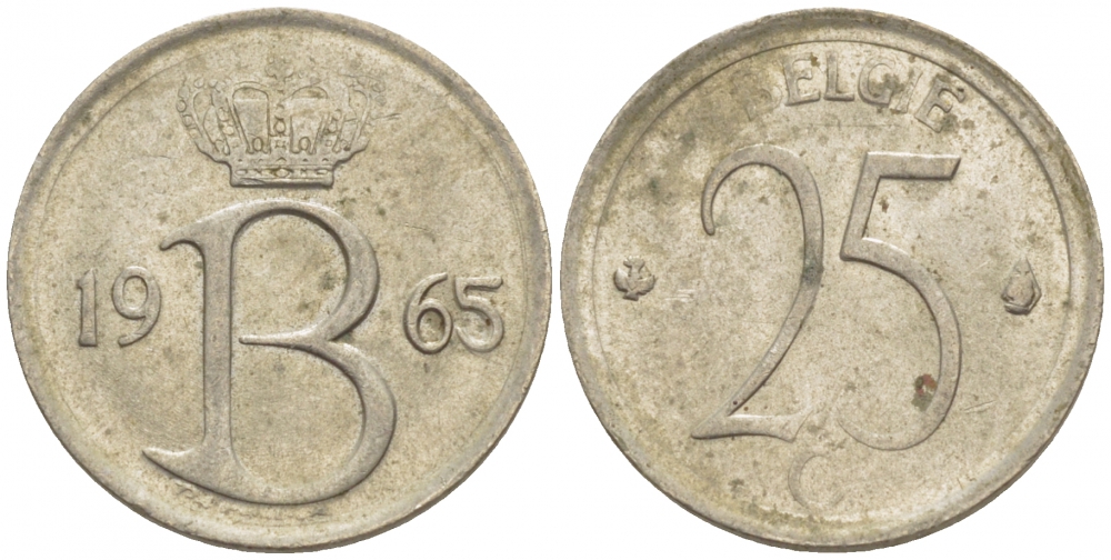 Бельгия 25 сантимов 1965 Belgie, Бодуэн I (1951-1993) KM 154.1 медно-никель 4528-129