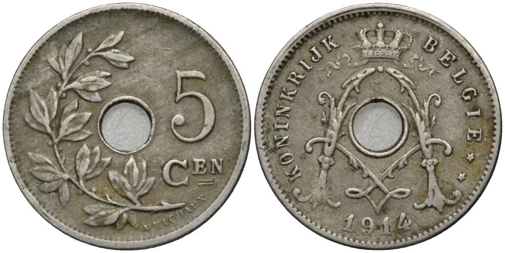 БЕЛЬГИЯ 5 САНТИМОВ 1914 BELGIE, АЛЬБЕРТ I (1909-1934) KM 67 медно-никель 4548-1255