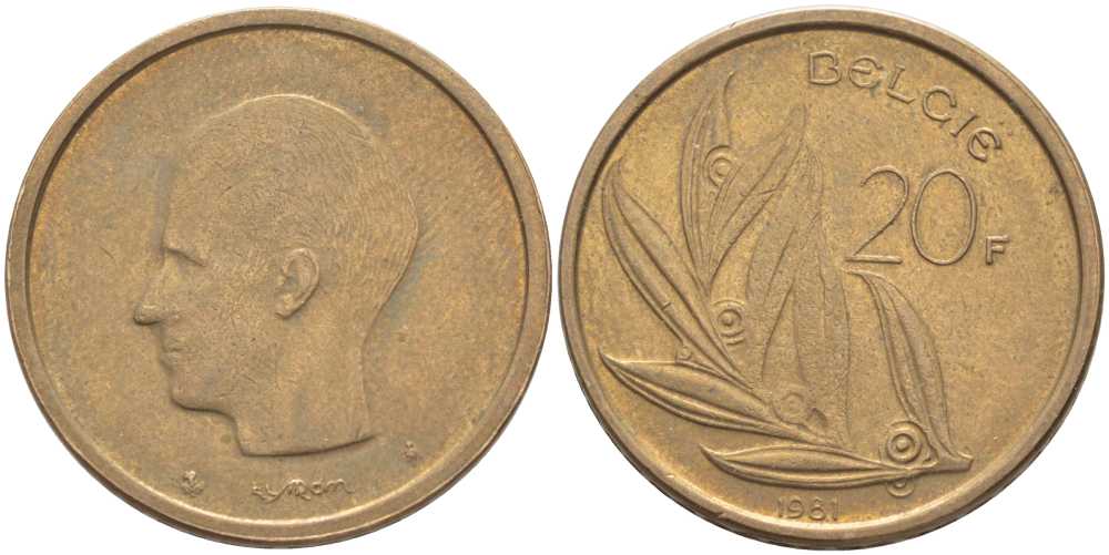 БЕЛЬГИЯ 20 ФРАНКОВ 1981 BELGIE, БОДУЭН I (1951-1993) KM 160 никель бронза 115-734