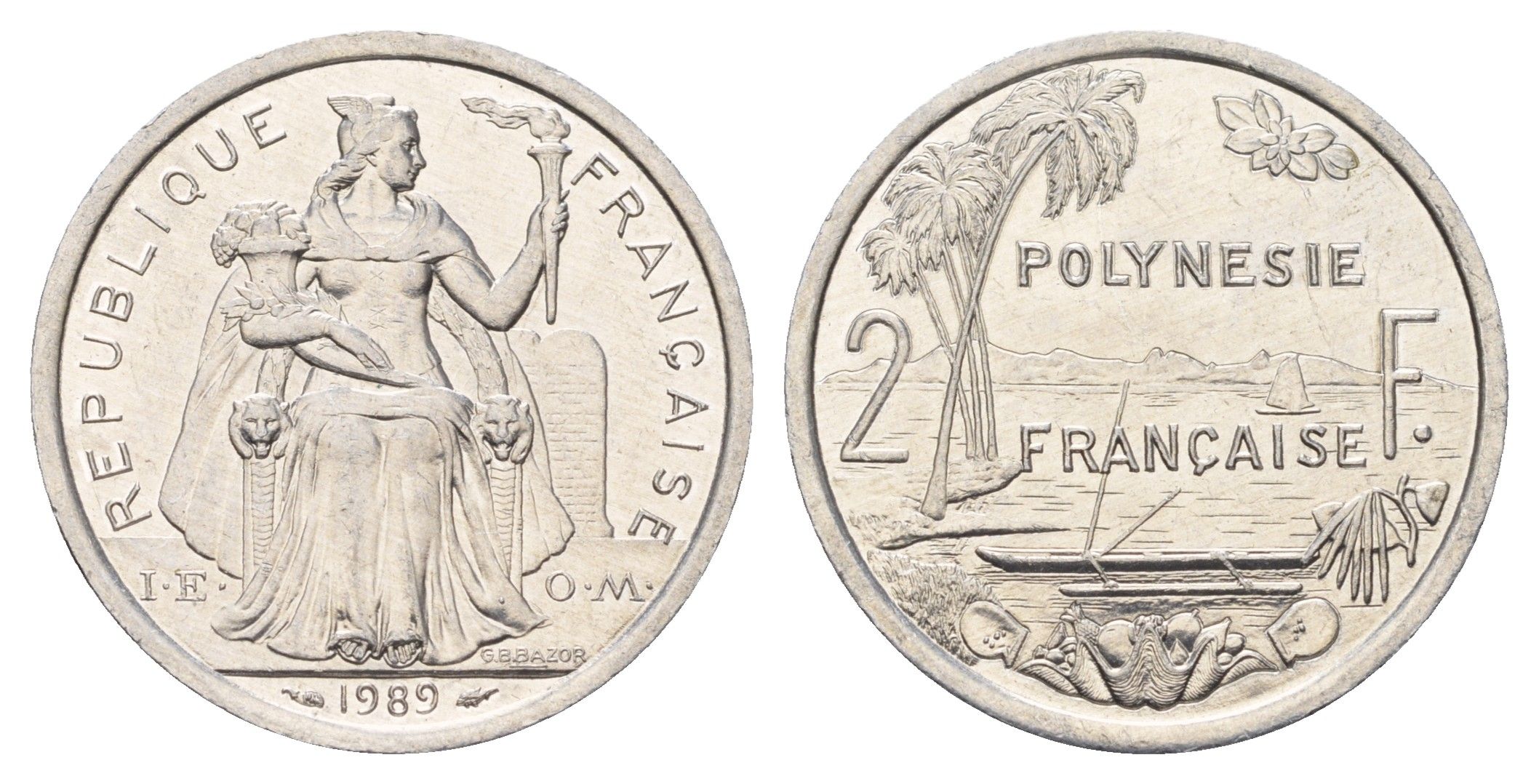 Французская Полинезия 2 франка 1989 KM 10 алюминий UNC 4675-924