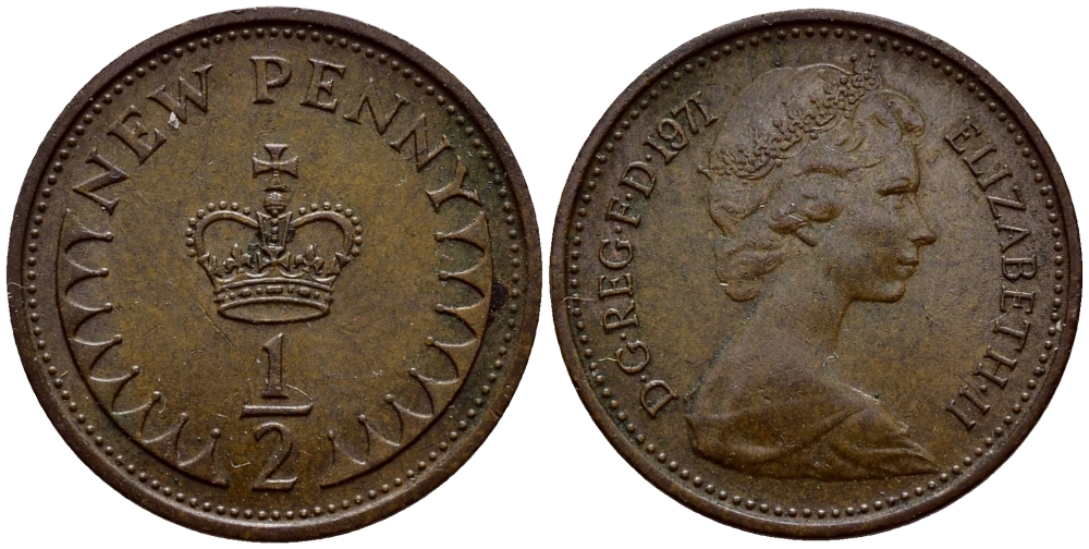 Великобритания 1/2 пенни 1971 Елизавета II (1952-2022) KM 914, Spink 4239 бронза 4396-119