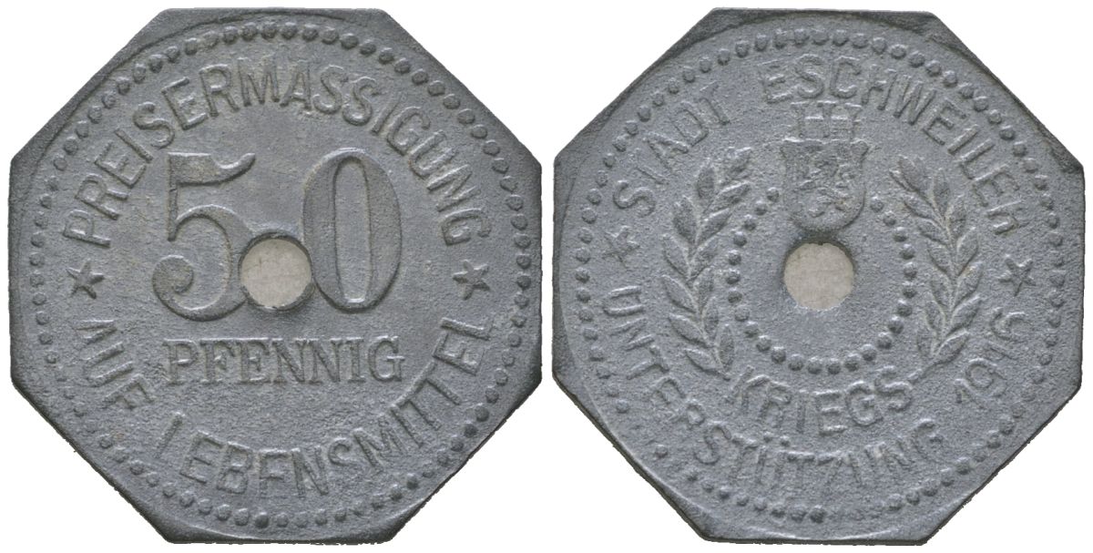 Эшвайлер (Пруссия, Рейн) 50 пфеннингов 1916 Funck 122.1A, Men18 8727.1 цинк 1515-215