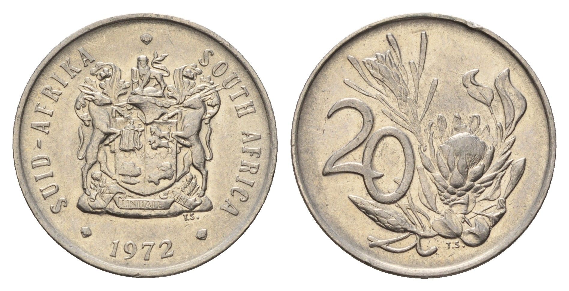 ЮАР 20 центов 1972 герб, цветок протея KM 86 никель 4114-635