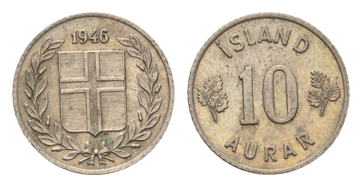 Исландия 10 эйре 1946 KM 10 медно-никель aUNC 4690-652