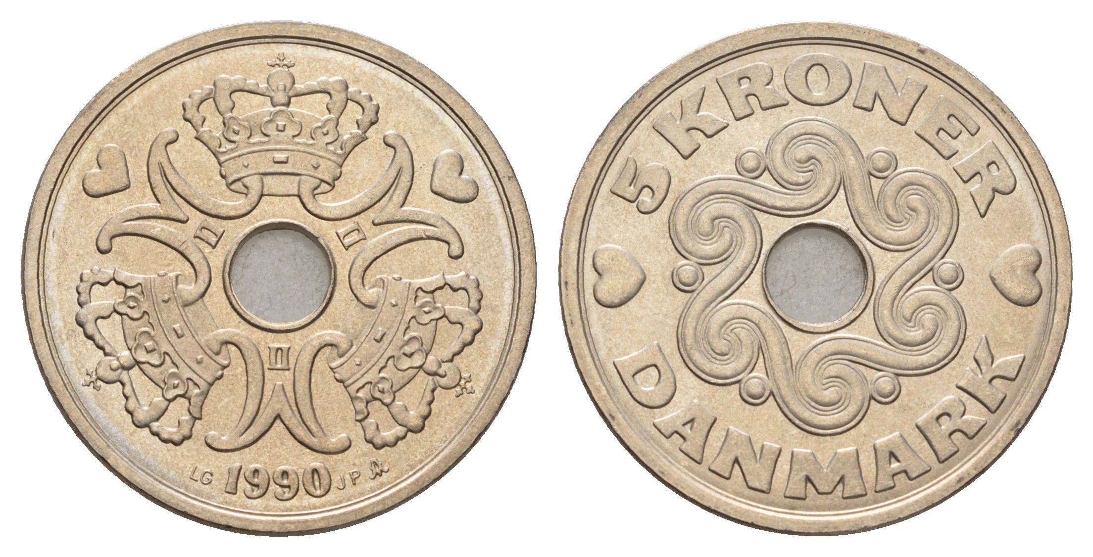 Дания 5 крон 1990 Маргрете II (1972-2024) KM 869 медно-никель UNC 175-1132