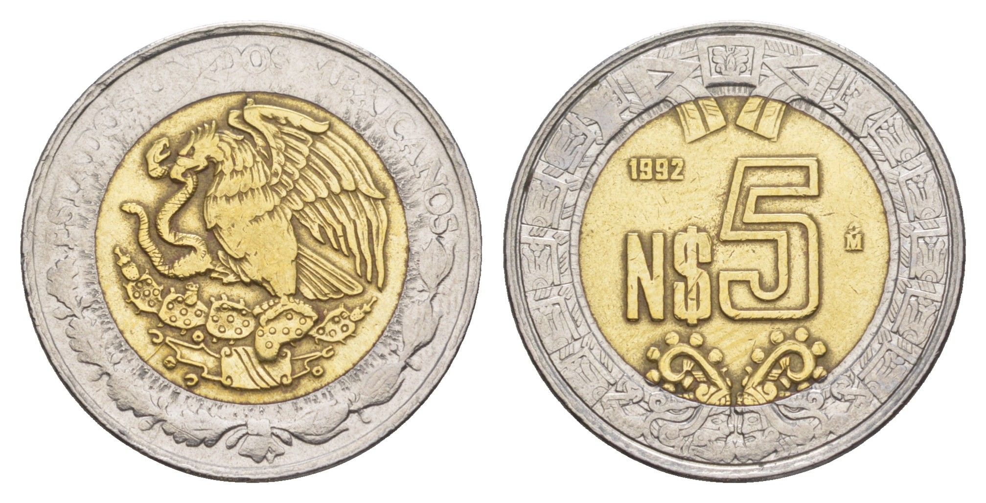 Мексика 5 песо 1992 Mo KM 552 биметалл 4637-645