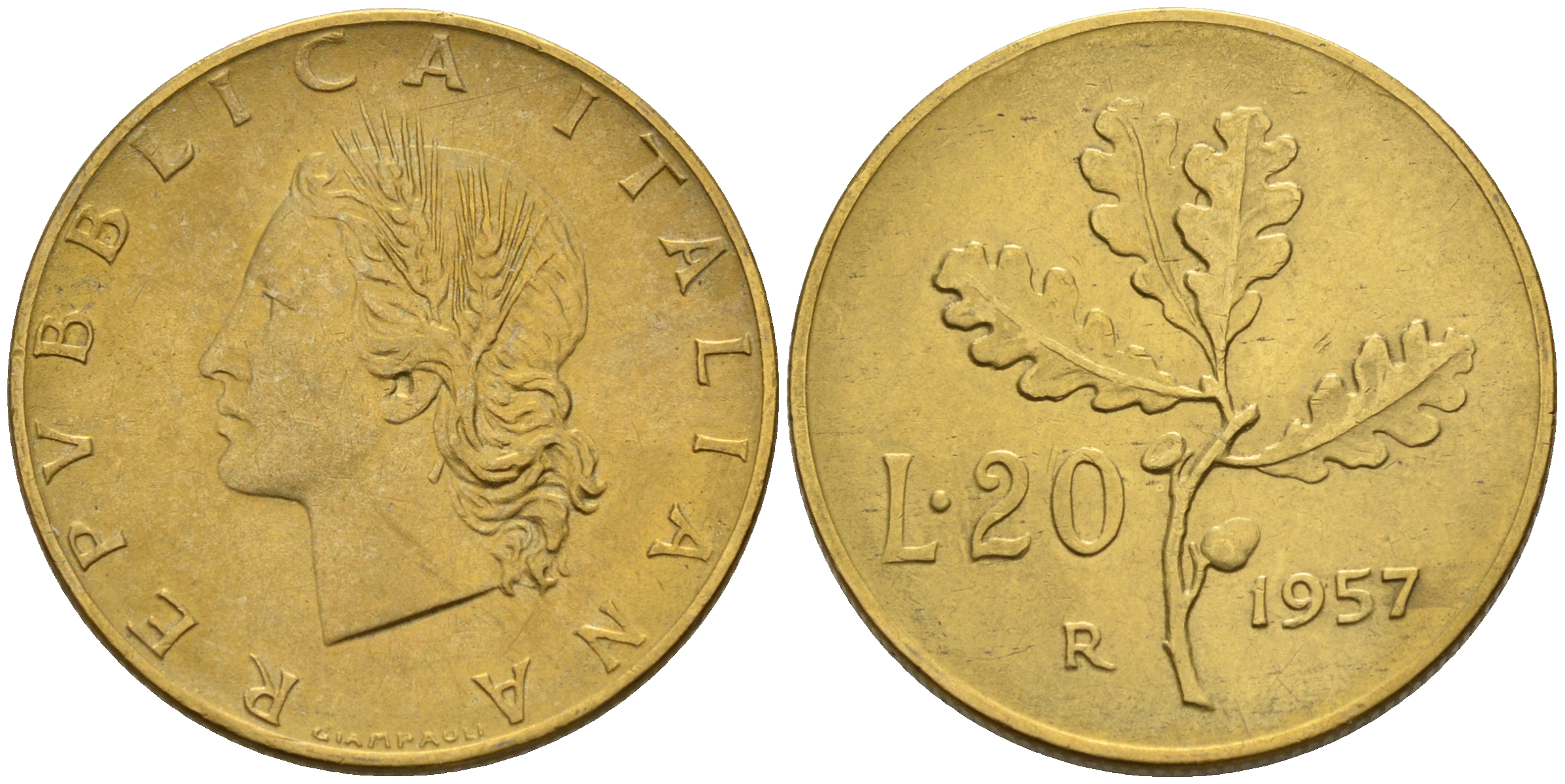 Италия 20 лир 1957 R, дубовый лист KM 97.1 алюминиевая бронза 4594-1054