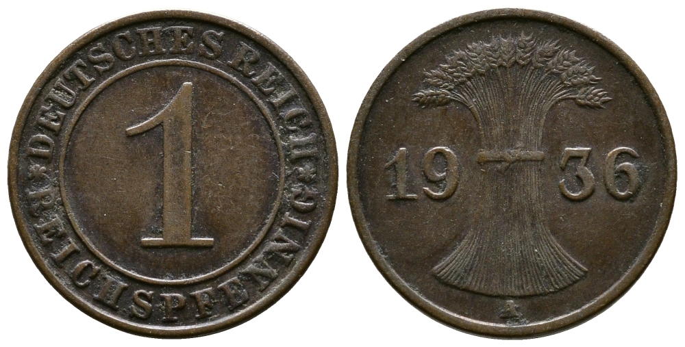 ГЕРМАНИЯ 1 РЕЙХСПФЕННИГ 1936 A KM 37, J. 313 бронза 220-163