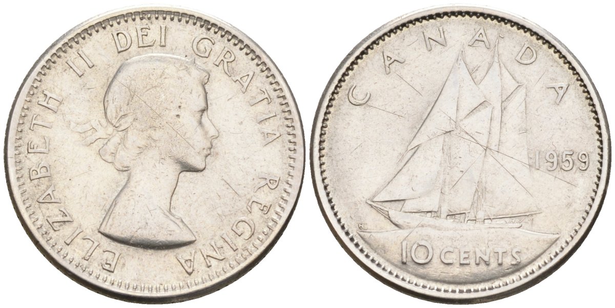Канада 10 центов 1959 парусник, Елизавета II (1952-) KM 61 серебро 4580-348