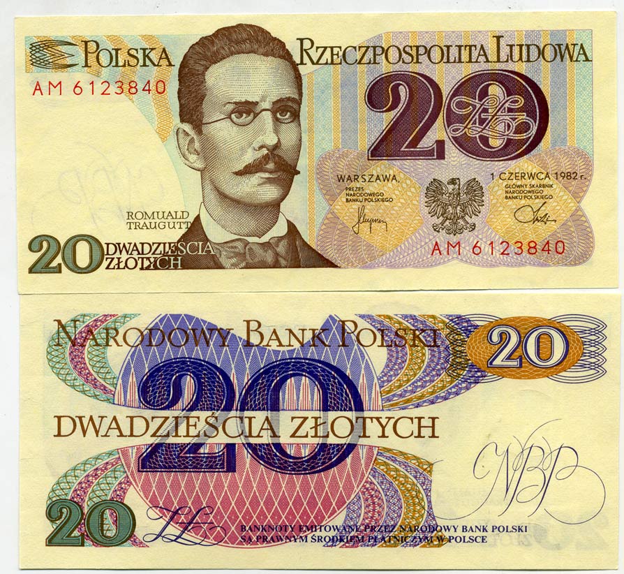 Польша 20 злотых 1982 Ромуальд Траугутт, в серии 2 буквы Pick 149 a (2) бумага UNC (пресс) 450-61-3