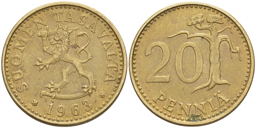 ФИНЛЯНДИЯ 20 ПЕННИ 1963 S KM 47 алюминиевая бронза 3996-647