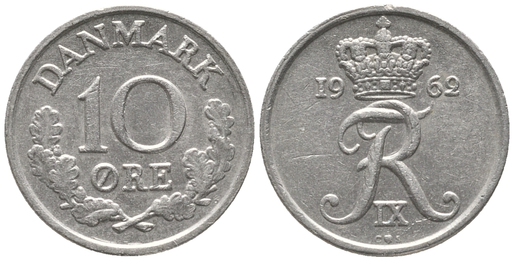 ДАНИЯ 10 ЭРЕ 1962 C; S, ФРЕДЕРИК IX (1947-1972) KM 849.1 медно-никель 100-1143