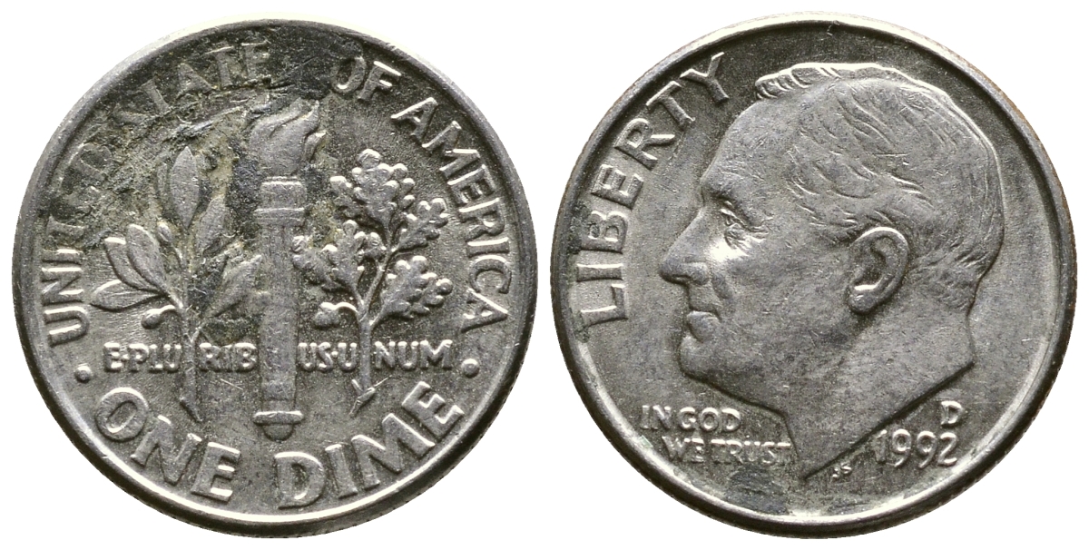 США 10 ЦЕНТОВ = 1 ДАЙМ 1992 D, РУЗВЕЛЬТ KM 195а медь плакированная медно-никелем 57-1244