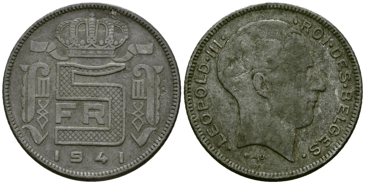 Бельгия 5 франков 1941 Belges, германская оккупация, Вторая мировая война KM 129.1 цинк 4176-1253