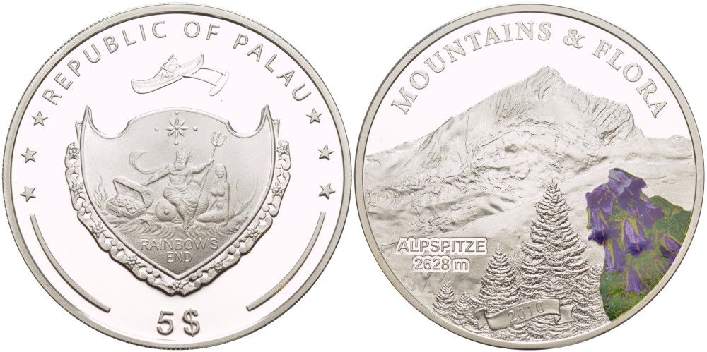 Палау 5 долларов 2010 горы и флора, Альпшпитце, 2628 метра, эмаль KM 302 серебро PROOF 1088-1-12