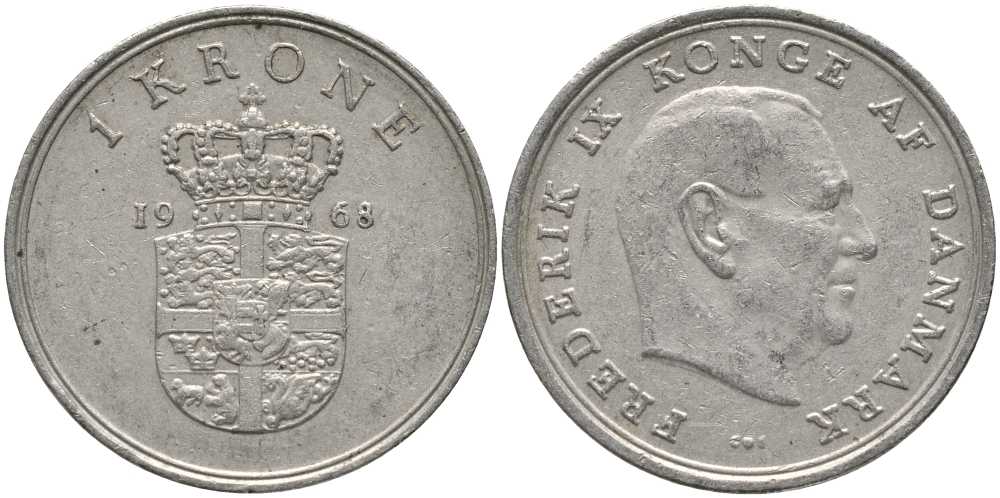 ДАНИЯ 1 КРОНА 1968 C;S, ФРЕДЕРИК IX (1947-1972) KM 851.1 медно-никель 113-857