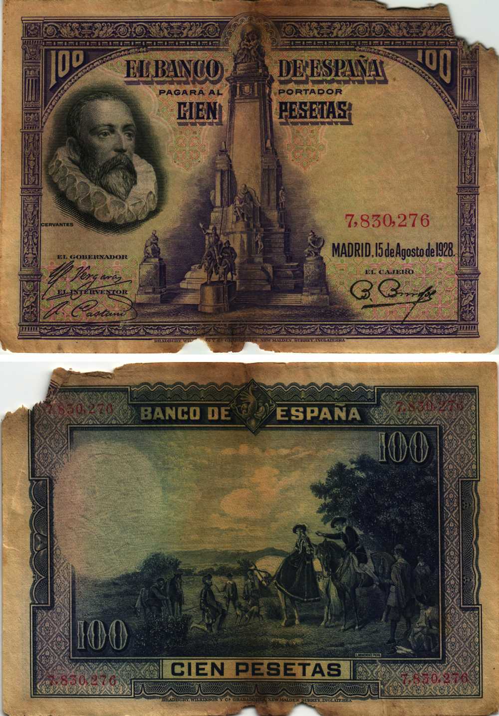 Испания 100 песет 1928 Мигель де Сервантес Сааведра, памятник Сервантесу, картина Дон Кихот Pick 76 а бумага 8609-34-2