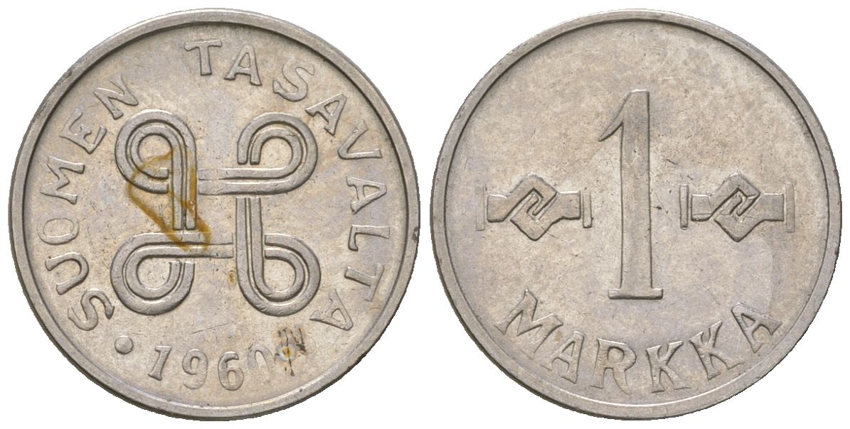 Финляндия 1 марка 1960 KM 36a сталь плакированная железом 4173-1257