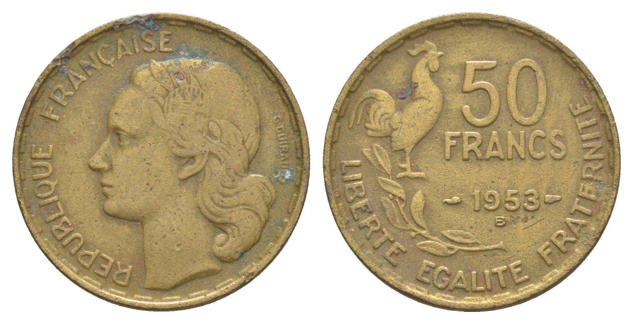 Франция 50 франков 1953 B KM 918.1, Le Frank 425.10 алюминиевая бронза 4563-554