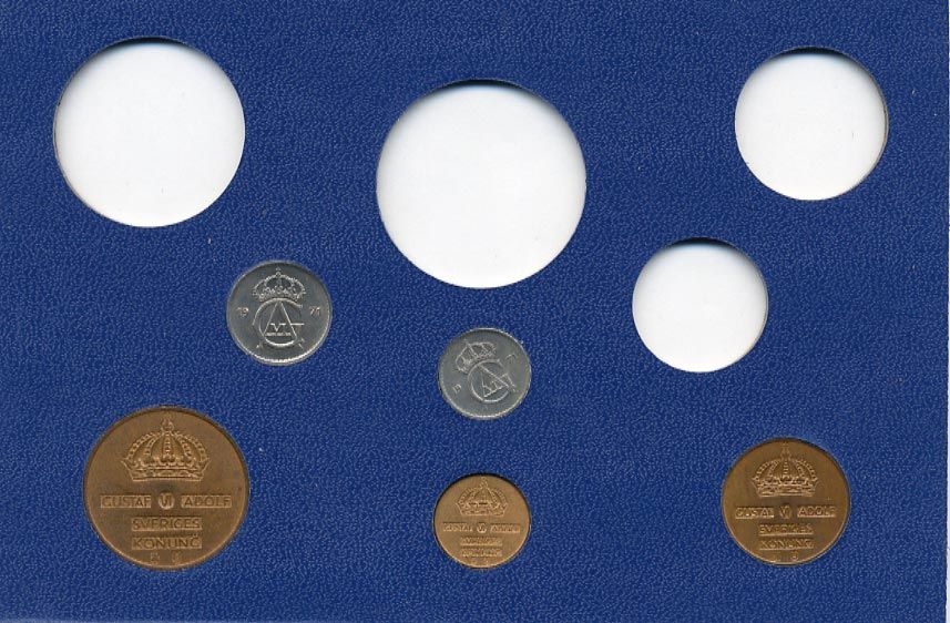 Швеция 1, 2, 5, 10, 25 эре 1971 Густав VI Адольф (1950-1973) в картоне набора монетного двора UNC 7-5-7-254