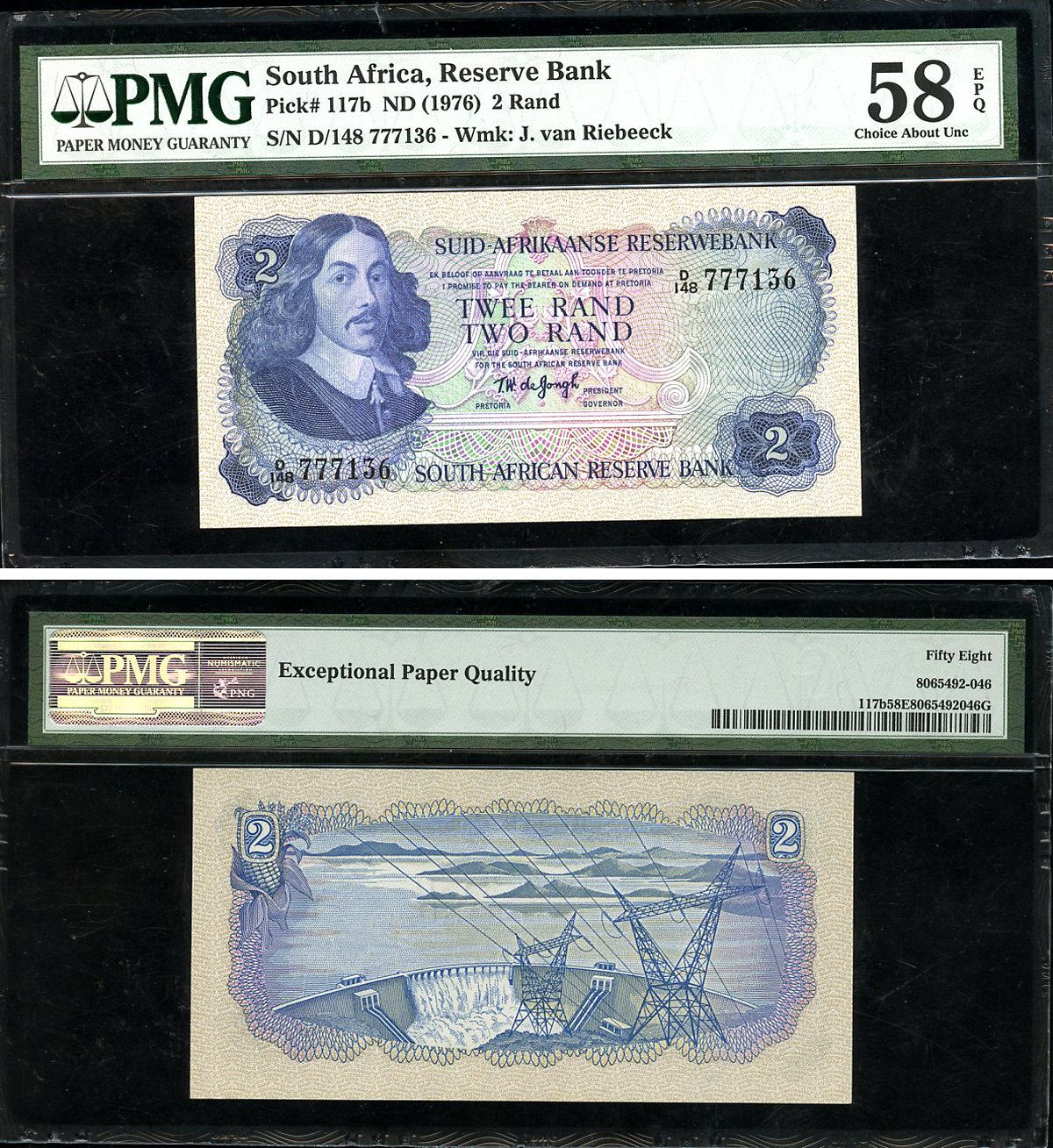 ЮАР 2 ранда ND (1976) Бартоломеус Вермуйден, ГЭС Гариеп, африкаанс-английский, в слабе PMG 58 Choice About Uncirculated Pick 117 b бумага  aUNC  452-1-24