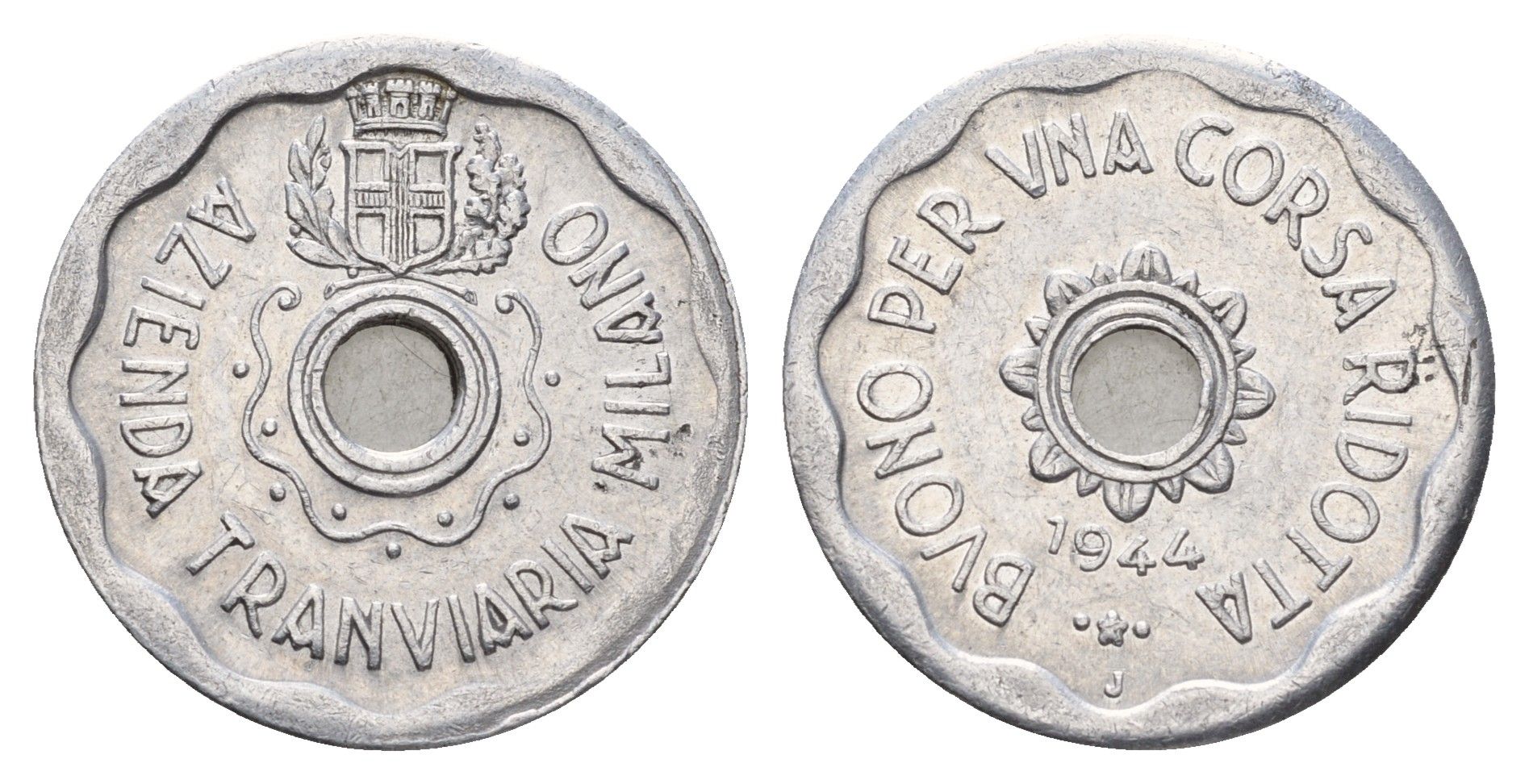 Италия, Милан транспортный жетон для проезда на травмае 1944 диаметр 24 мм, вес 1,4 гр алюминий UNC 5010-1313