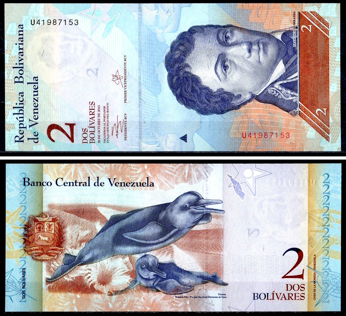 Венесуэла 2 боливара 2013 29 октября 2013, Франсиско де Миранда, речной дельфин Pick 88 f бумага UNC (пресс) 402-68-2-2