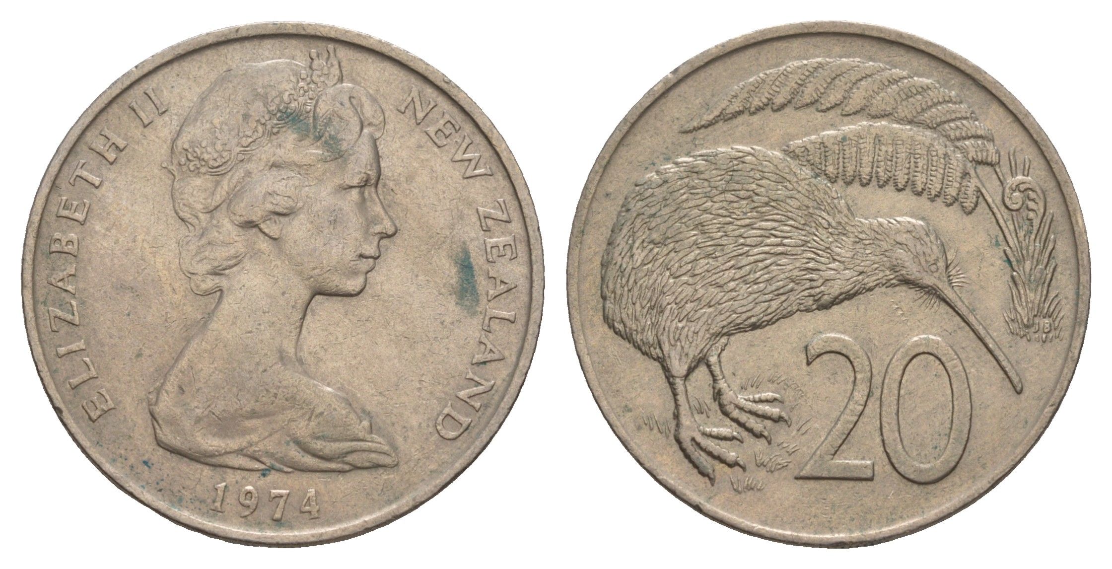 Новая Зеландия 20 центов 1974 Елизавета II (1952-2022), птичка киви KM 36.1 медно-никель 4653-311