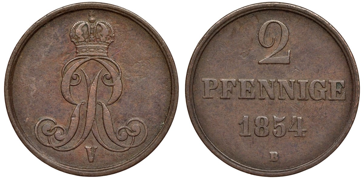 Брауншвейг-Каленберг-Ганновер 2 пфеннига 1854 B, Георг V (1851-1866) KM 217,aKS 152, J. 84 медь 4142-236