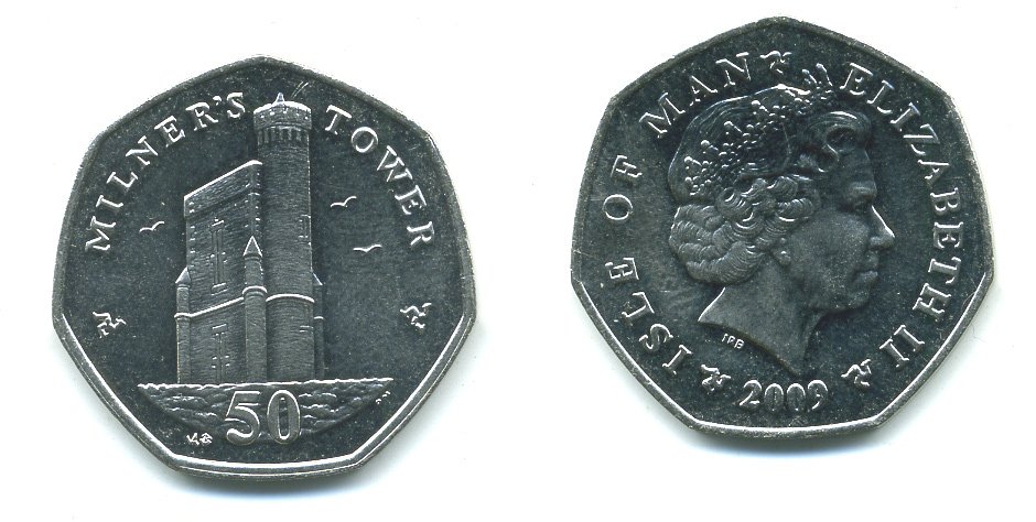 ОСТРОВ МЭН 50 ПЕНСОВ 2009 БАШНЯ МИЛНЕРСА KM 1258 медно-никель UNC 540-322