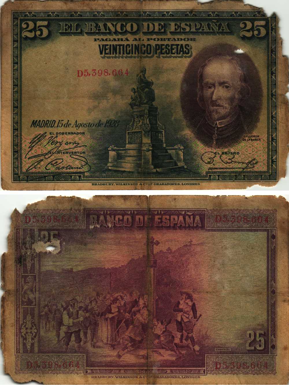 Испания 25 песет 1928 Мадрид, 15 августа 1928, Педро Кальдерон де ля Барка, серия D5398664, республиканский выпуск Pick 74b бумага 8608-19-2-1