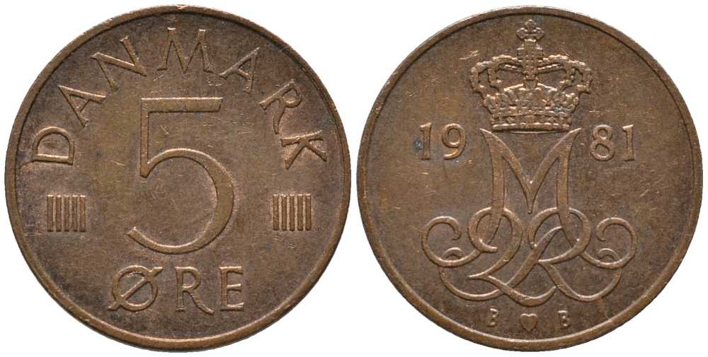 ДАНИЯ 5 ЭРЕ 1981 B; B, МАРГРЕТЕ II (1972-) KM 859.2 железо плакированное медью 116-148