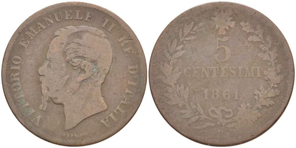 ИТАЛИЯ 5 ЧЕНТЕЗИМО 1861 М, МОНДВОР МИЛАН, ВИКТОР ЭММАНУИЛ II (1861-1878) KM 3.2 медь 4525-114