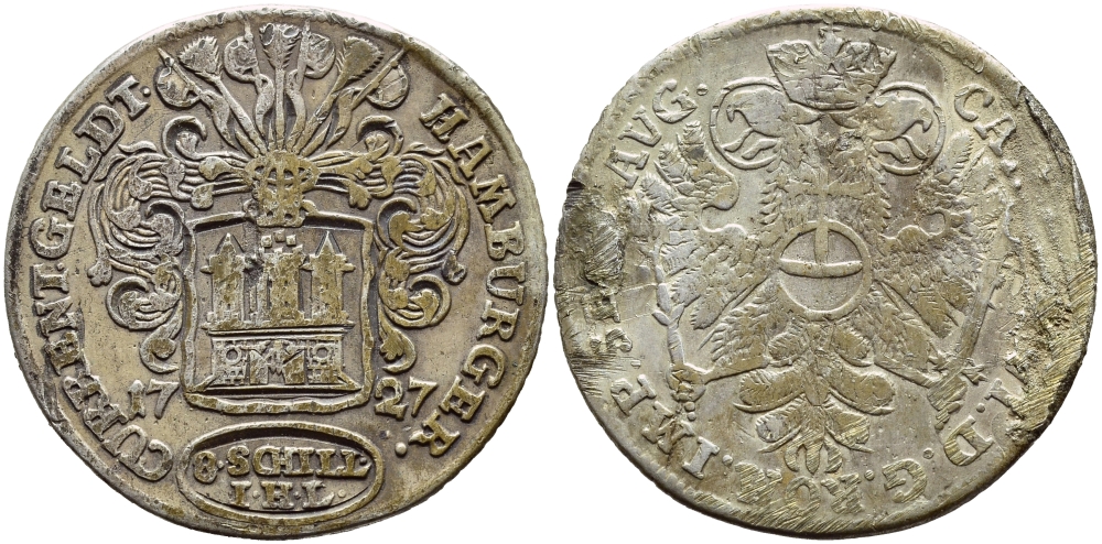 Гамбург 8 шиллингов 1727 IHL, с подвески KM 165 серебро 00-00