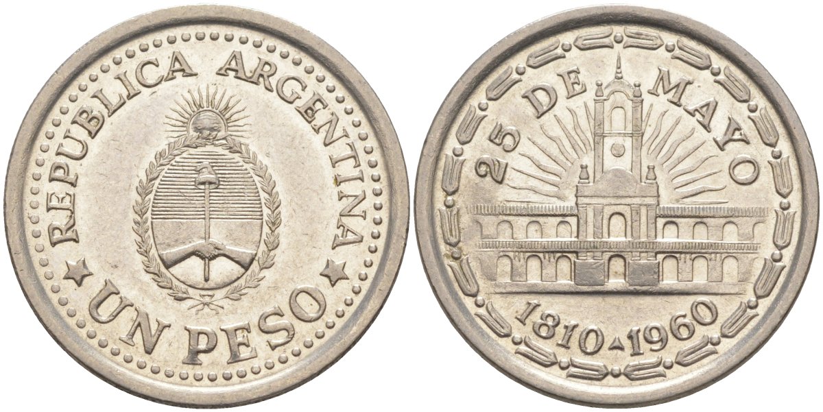 Аргентина 1 песо 1960 150 лет свержения Испанского вице-короля (1810-1960) KM 58 сталь плакированная никелем 219-1233